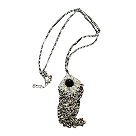 Bohemian Silvertone Multi-layered Statement Chains & Cabochon Medallion Necklace - Picture 7 of 8